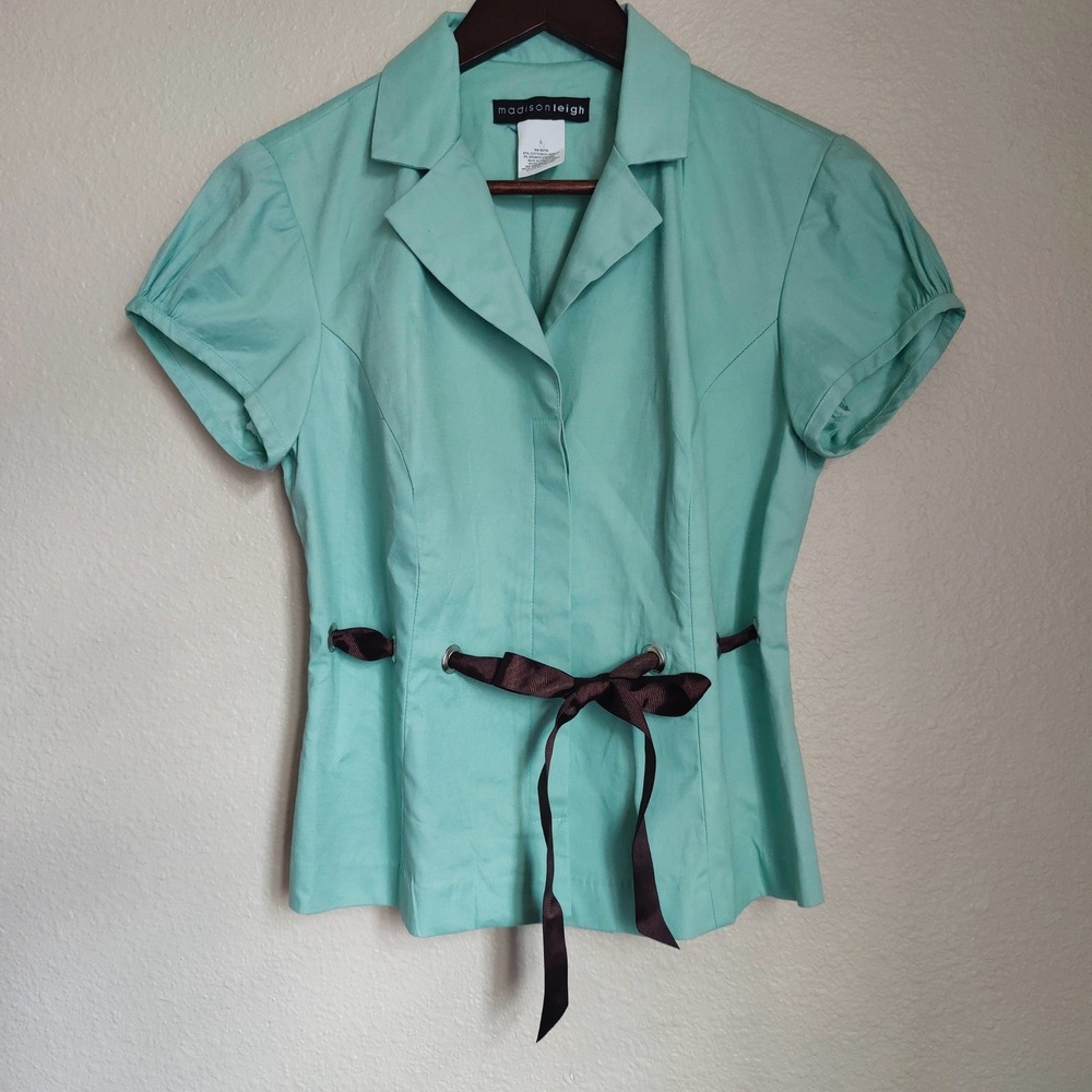 Vintage Y2K Button Top Mint Green Grommet Brown Ribbon Tie 6 Twee Preppy 2000s